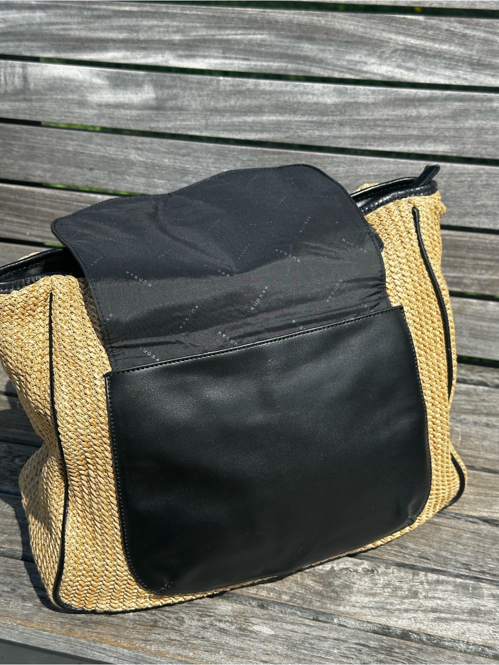 RUDSAK Straw Woven Leather Trim Tote Bag Black Flap Pocket Shoulder Purse - Picture 7 of 12